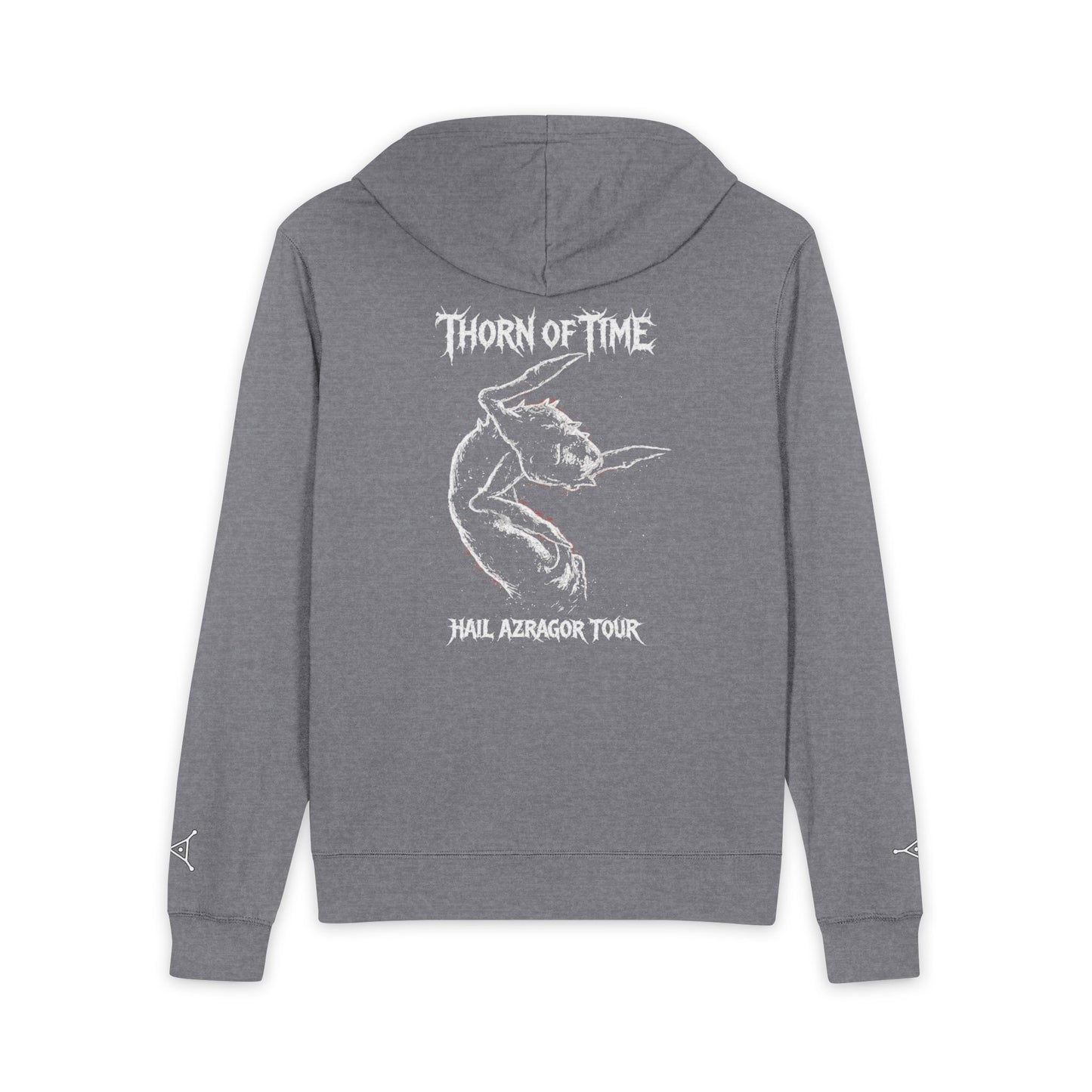 Gray hoodie with white graphic and text on the back against a white background