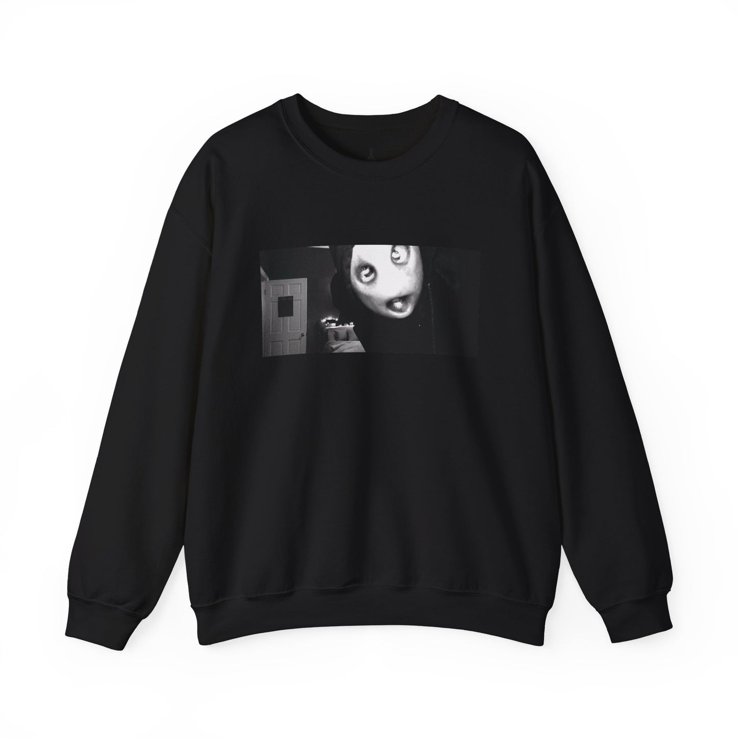 Black crewneck sweatshirt printed with a black and white film still of the masked Mr. Shiny character, shown flat on a white background