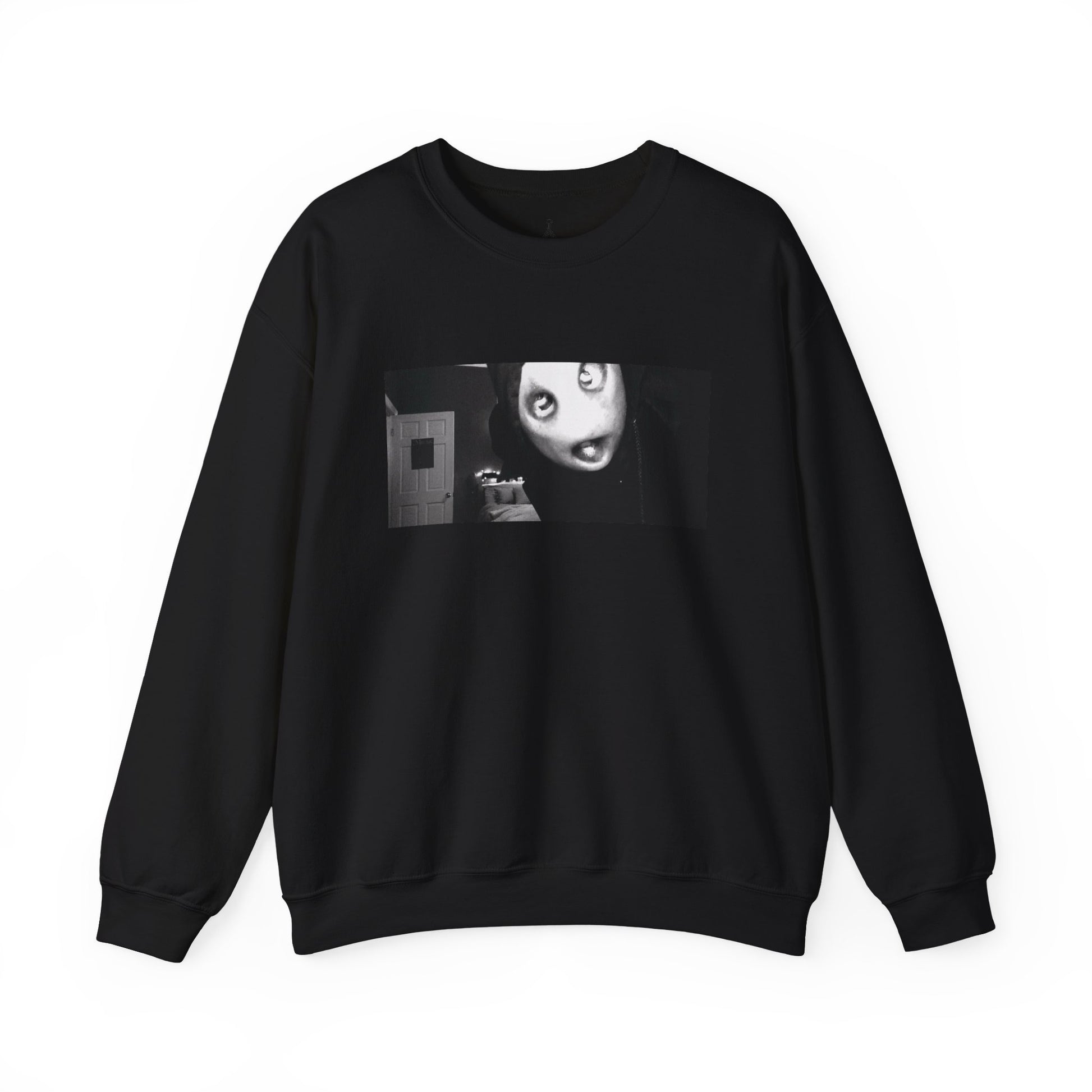 Black crewneck sweatshirt printed with a black and white film still of the masked Mr. Shiny character, shown flat on a white background