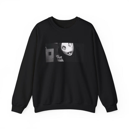 Black crewneck sweatshirt printed with a black and white film still of the masked Mr. Shiny character, shown flat on a white background