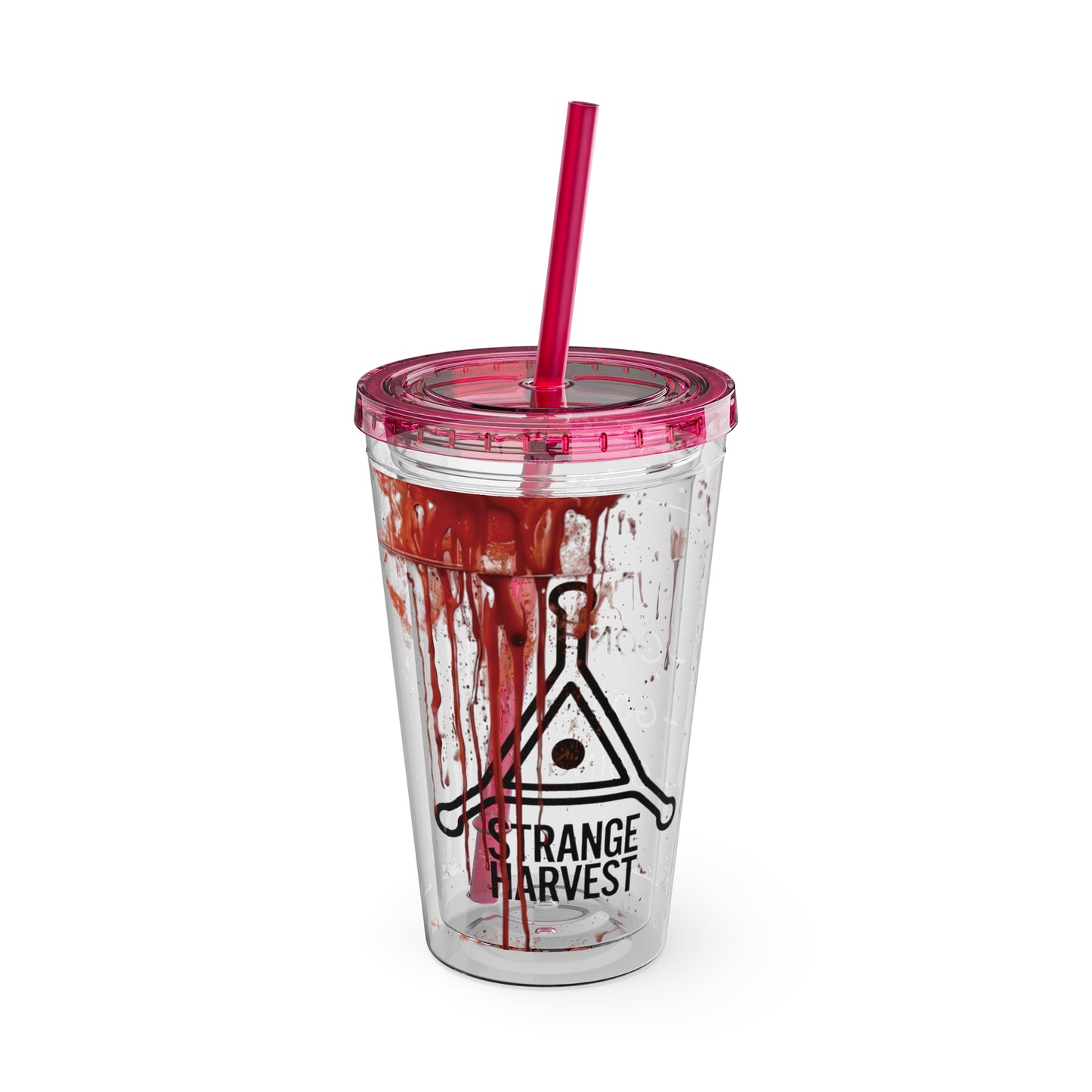 Clear tumbler with red liquid and pink lid on a white background