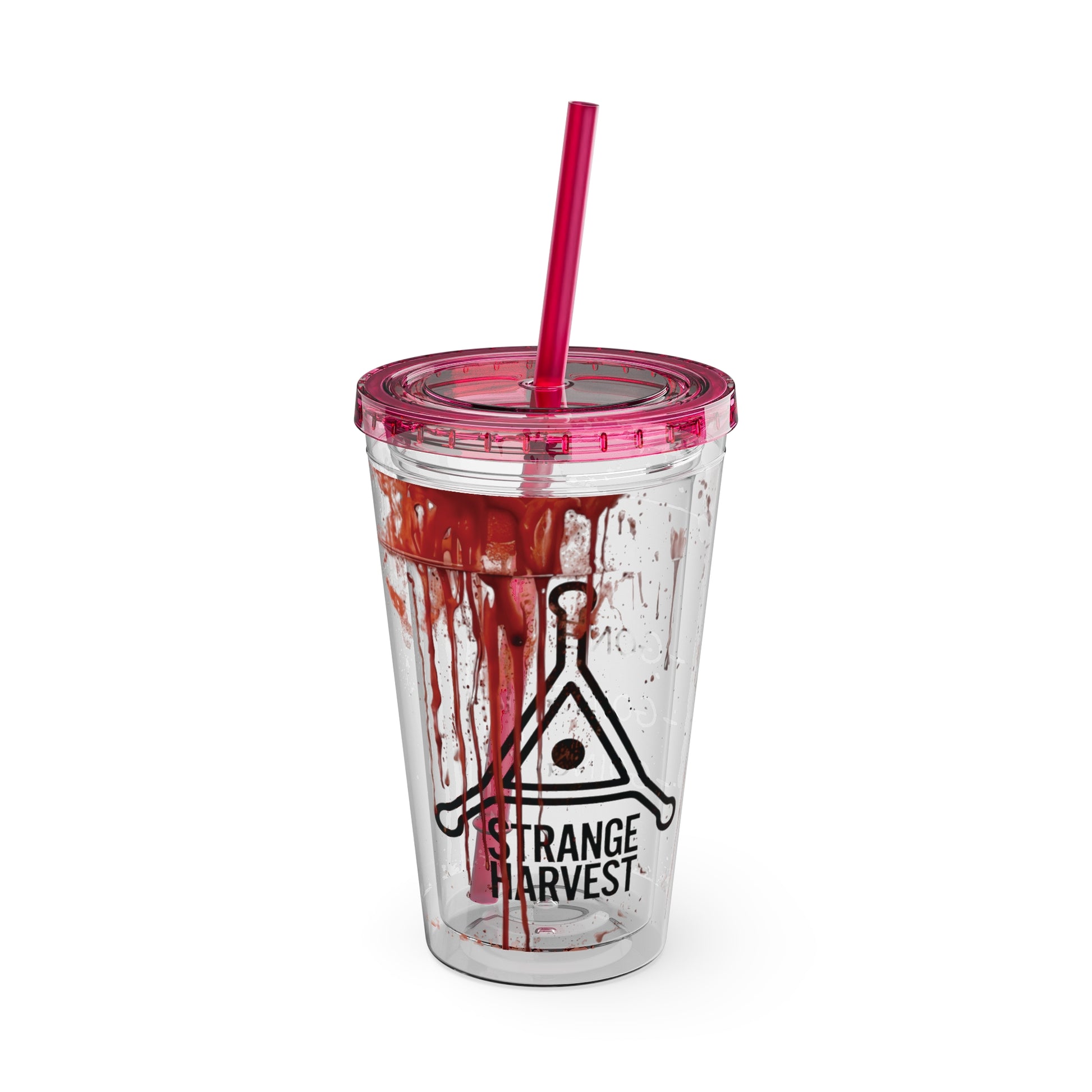 Clear tumbler with red liquid and pink lid on a white background
