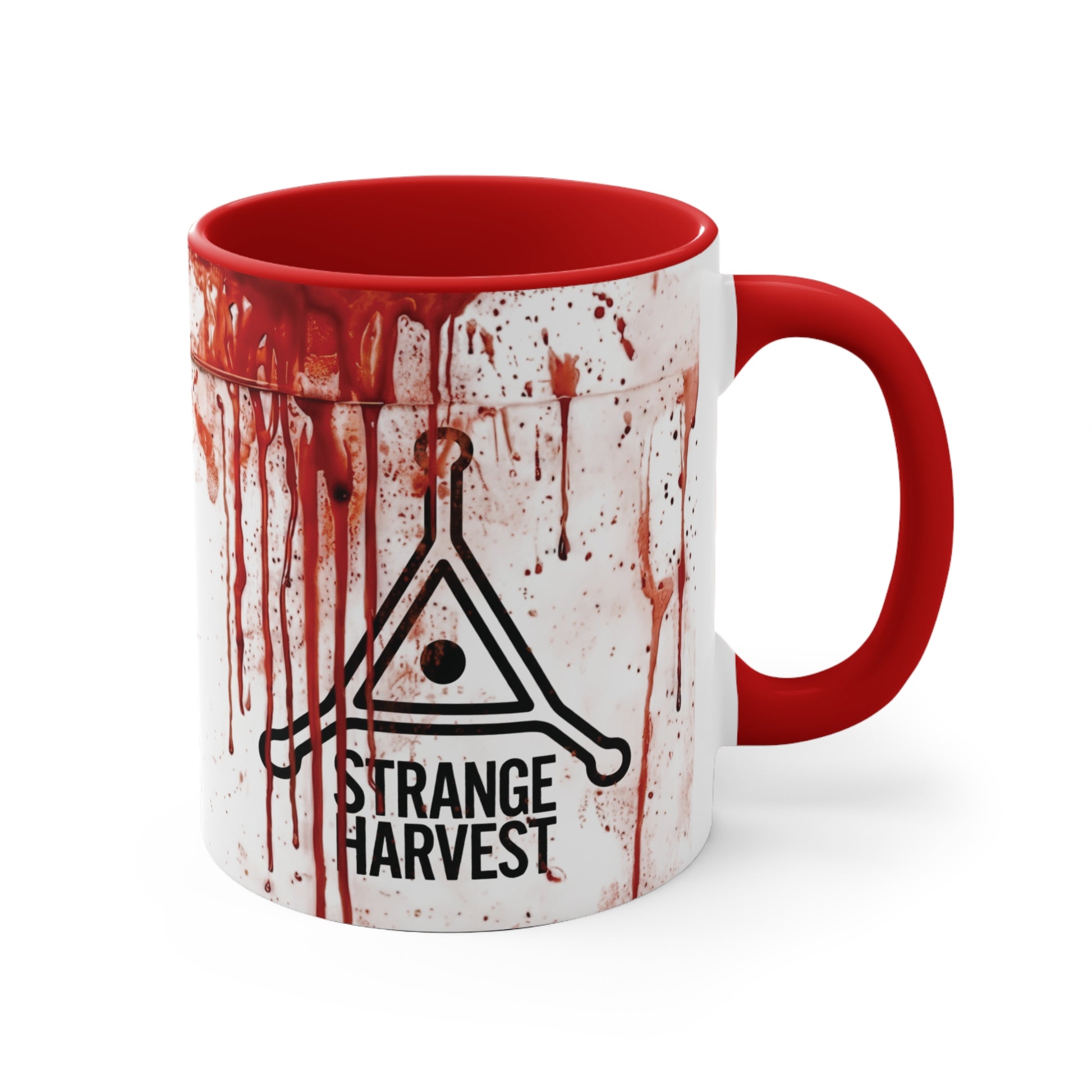 Mug with red interior and handle, featuring a logo and text on a white background