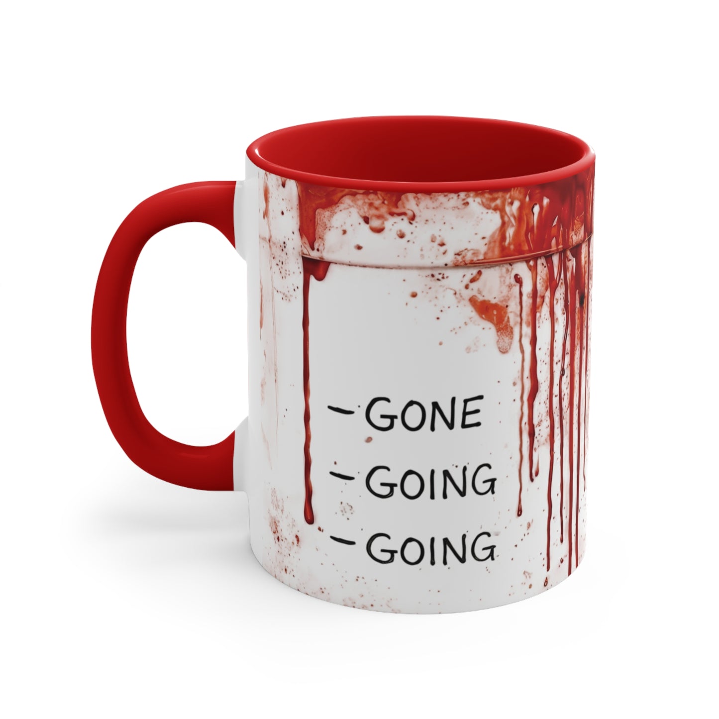 Mug with red interior and handle, white exterior with text and red stains on a white background