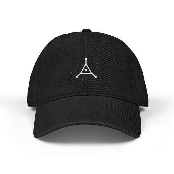 Black cap with white logo on a white background