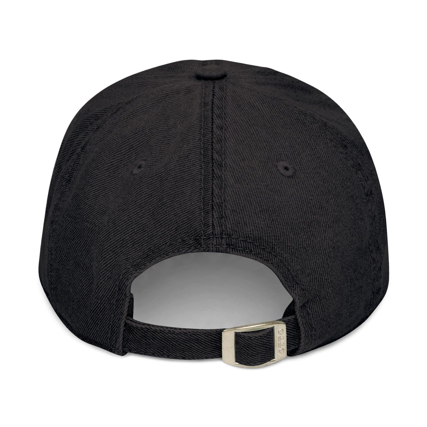 Black cap with a visible brand logo on the back against a white background