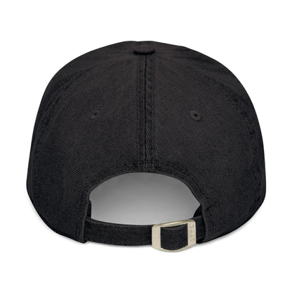 Black cap with a visible brand logo on the back against a white background