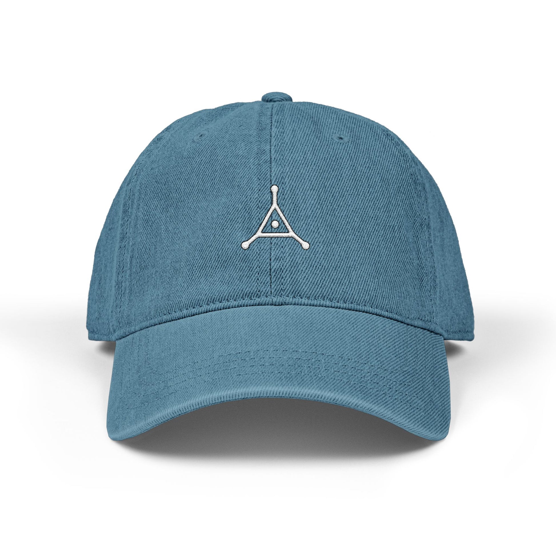 Blue baseball cap with a white logo on a white background