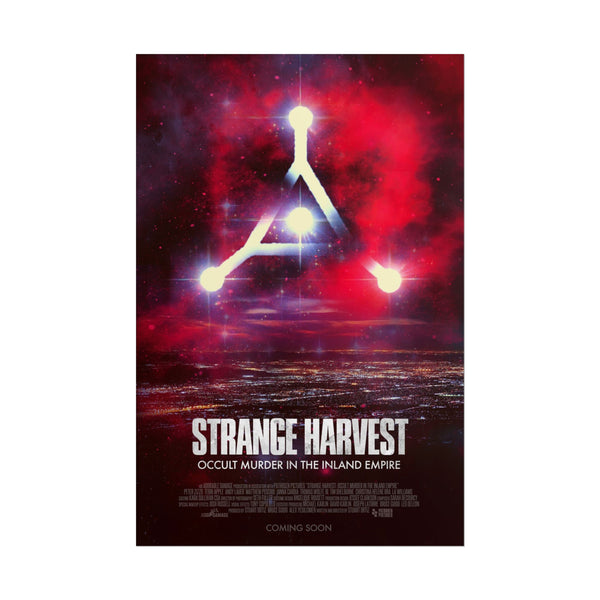 Movie poster for 'Strange Harvest' with cosmic design and text.