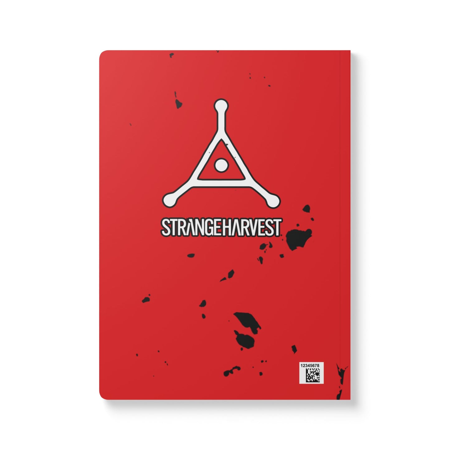 Red book with 'Strange Harvest' logo on a white background