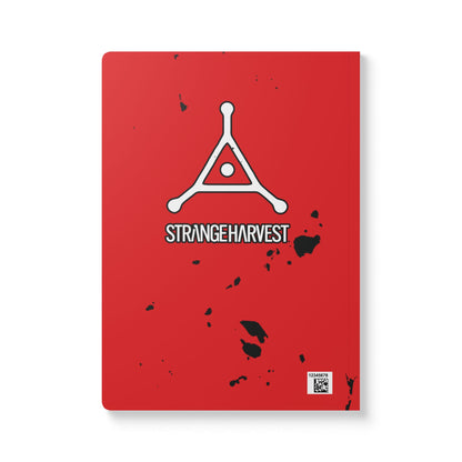 Red book with 'Strange Harvest' logo on a white background