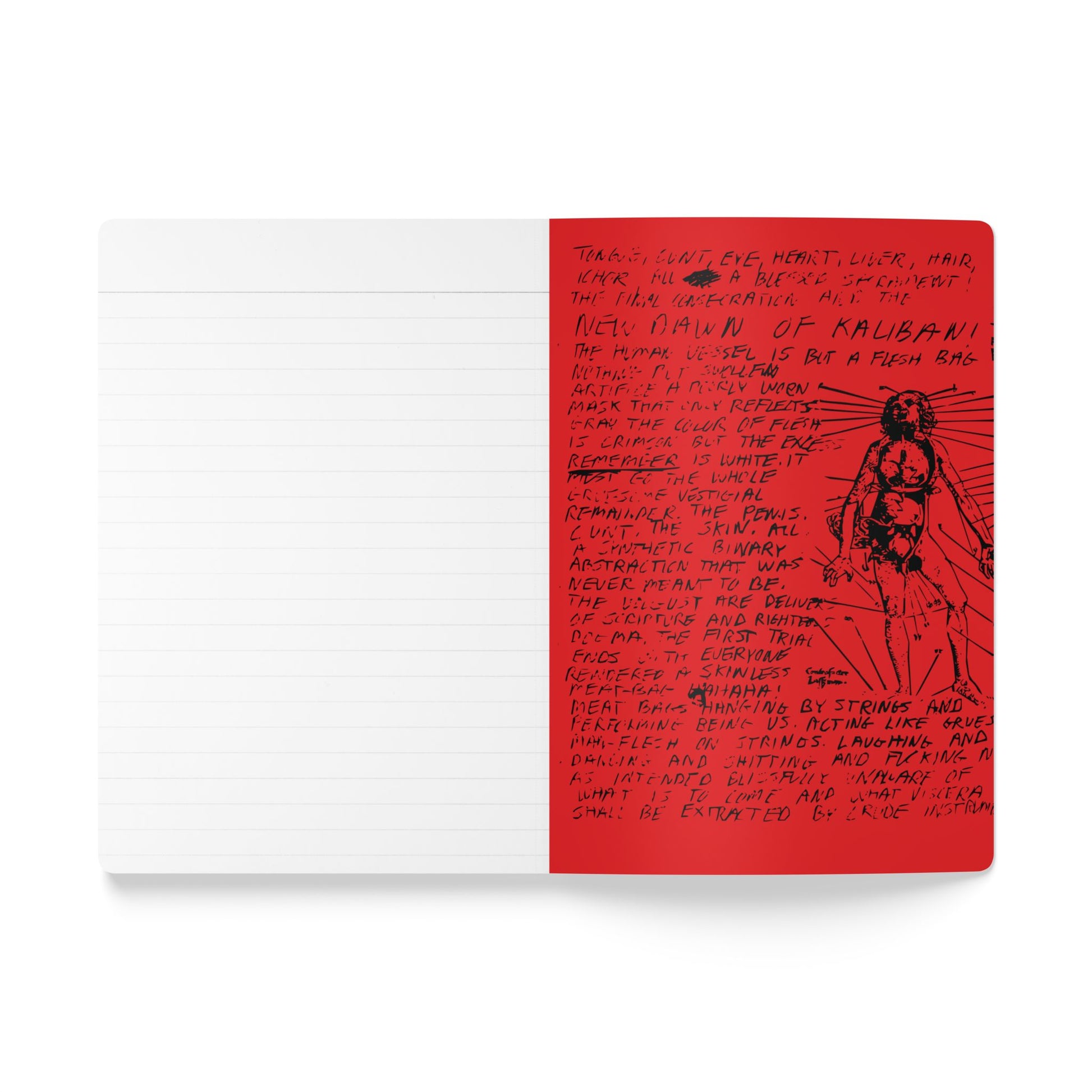 Red notebook with black text and a black and white illustration on a white background