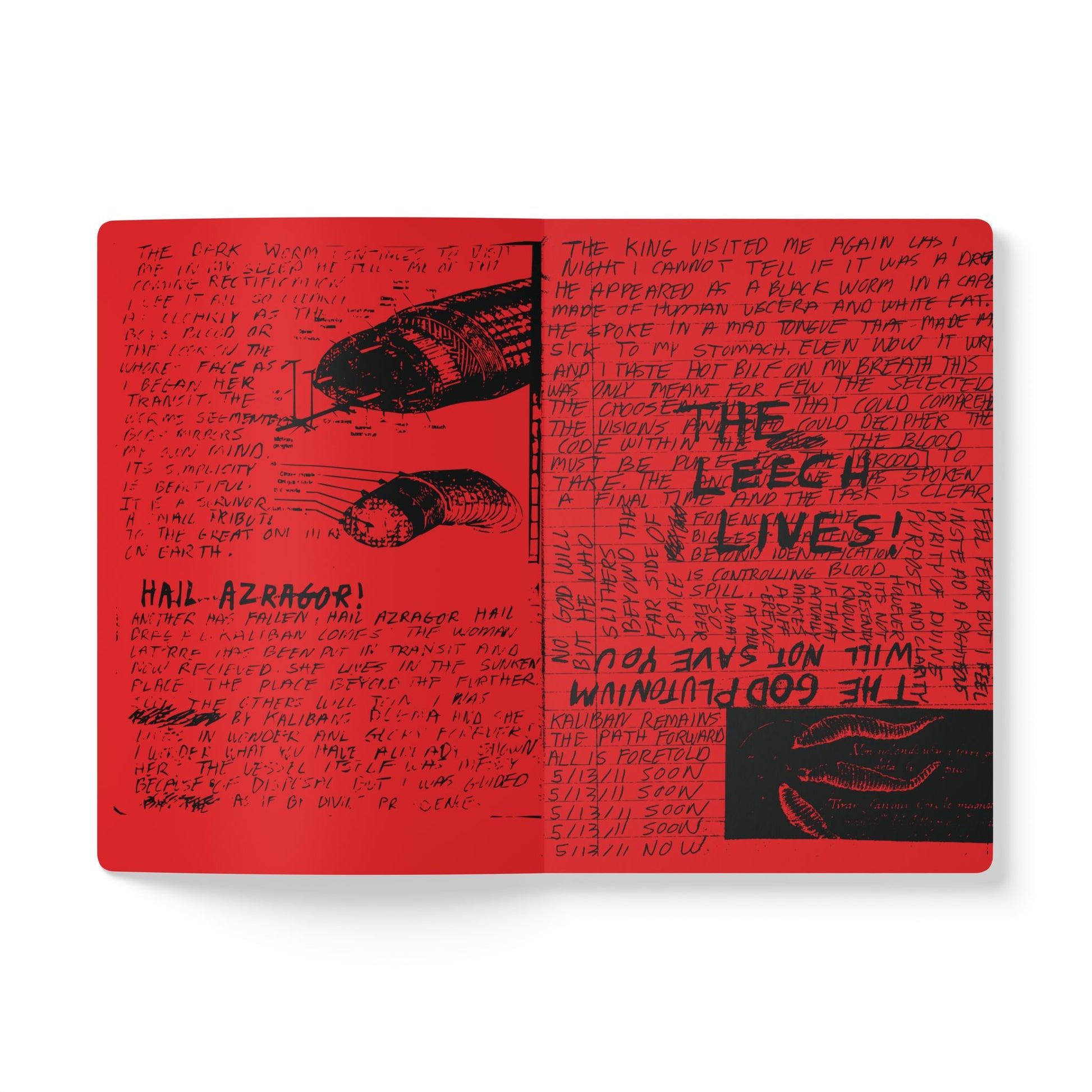 Red notebook with black text and illustrations on a white background