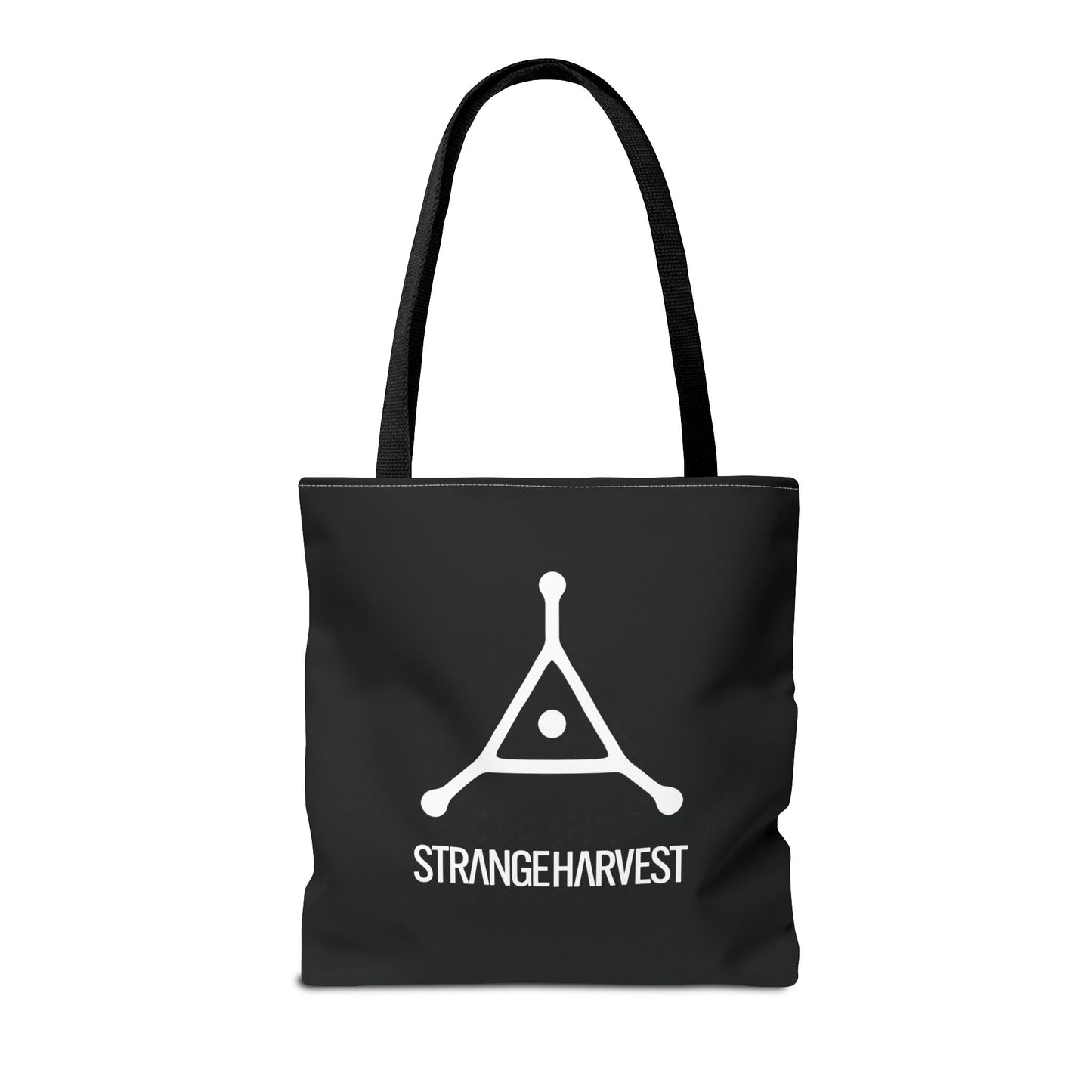 Black tote bag with a white logo on a white background