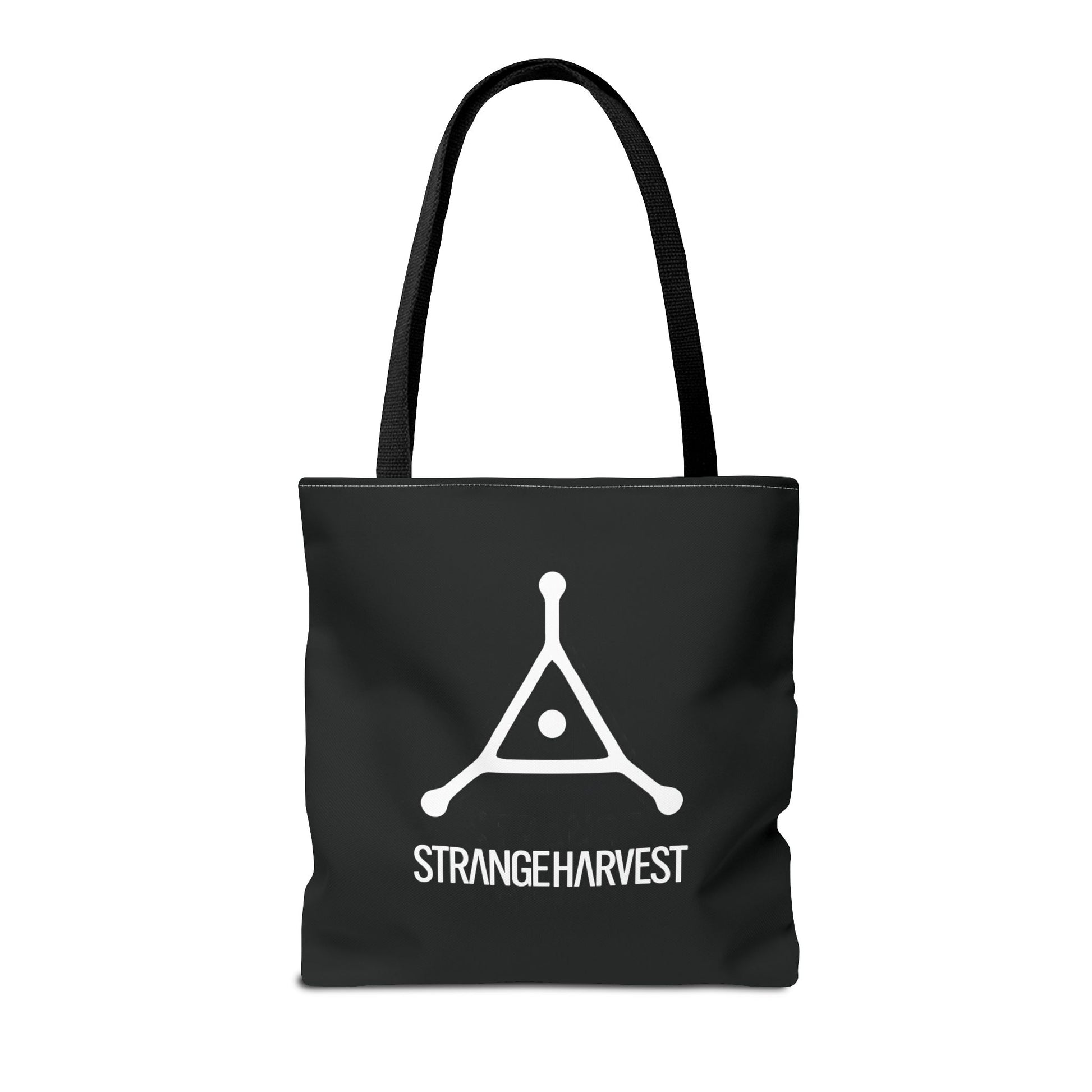 Black tote bag with a white logo on a white background