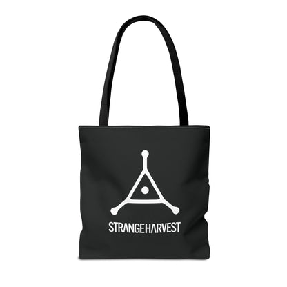 Black tote bag with a white logo on a white background