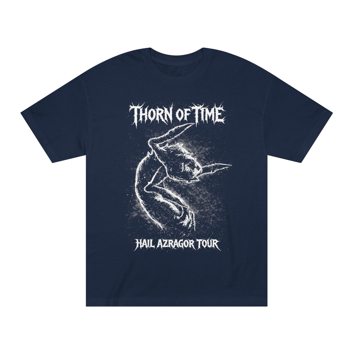 Blue t-shirt with white graphic design and text on a white background
