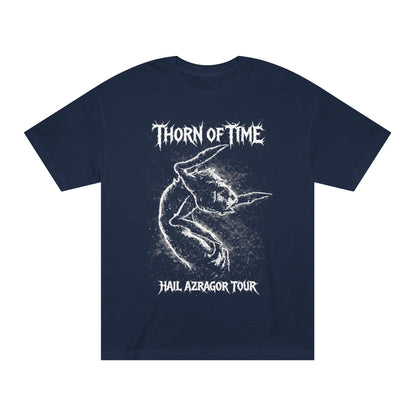 Blue t-shirt with white graphic design and text on a white background