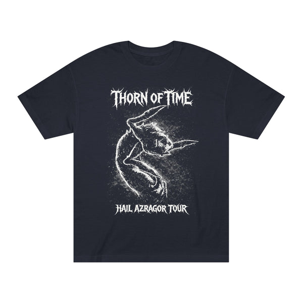 Black t-shirt with white graphic design and text on a white background