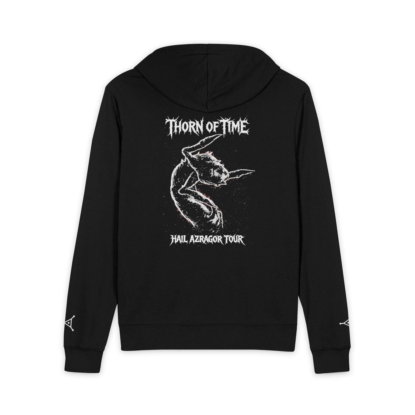 Black hoodie with white graphic and text on a white background