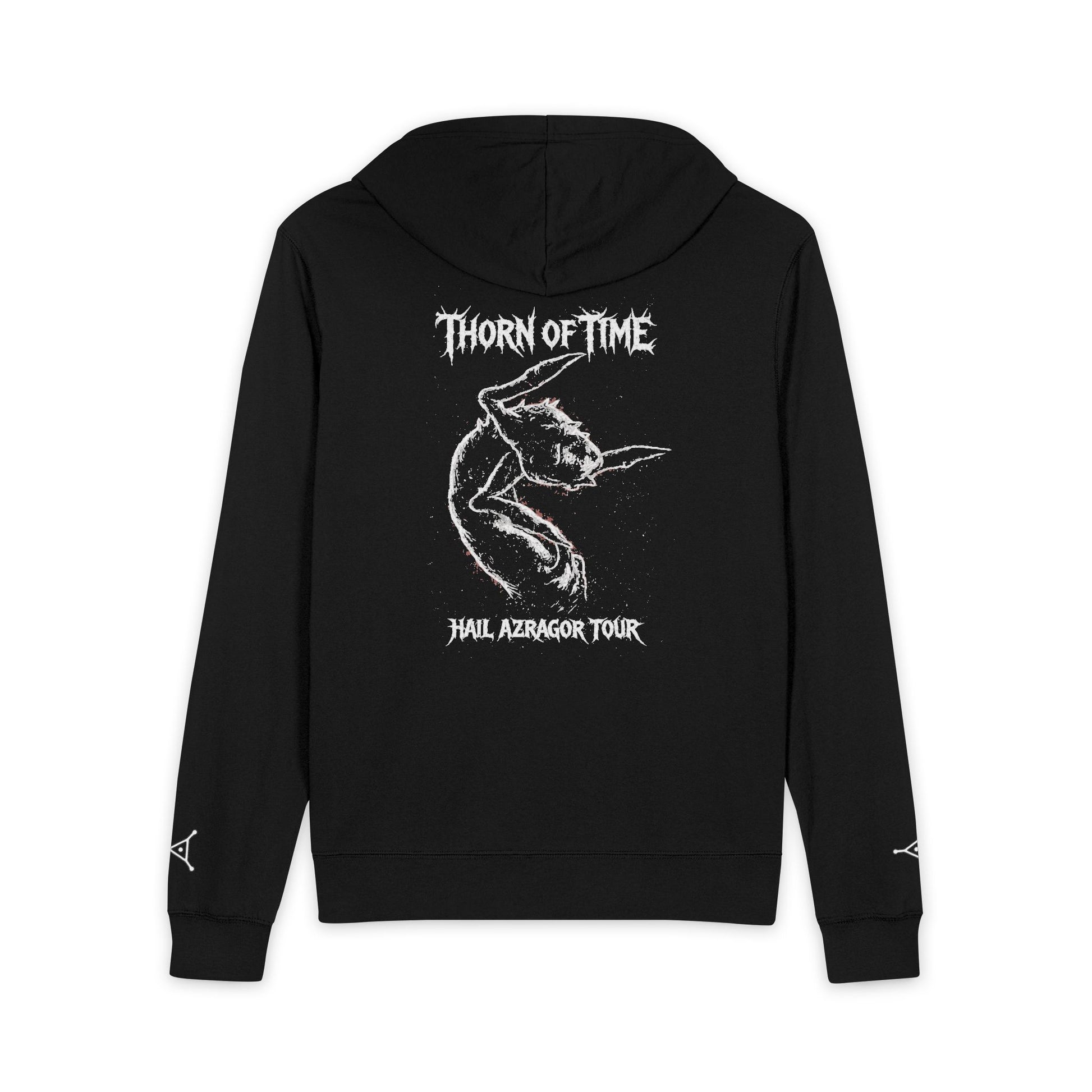 Black hoodie with white graphic and text on a white background