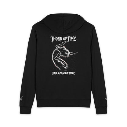 Black hoodie with white graphic and text on a white background