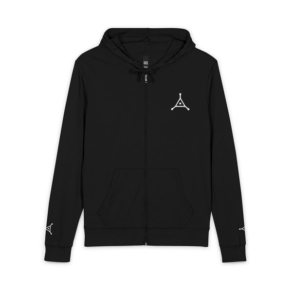 Black hoodie with a white logo on a white background