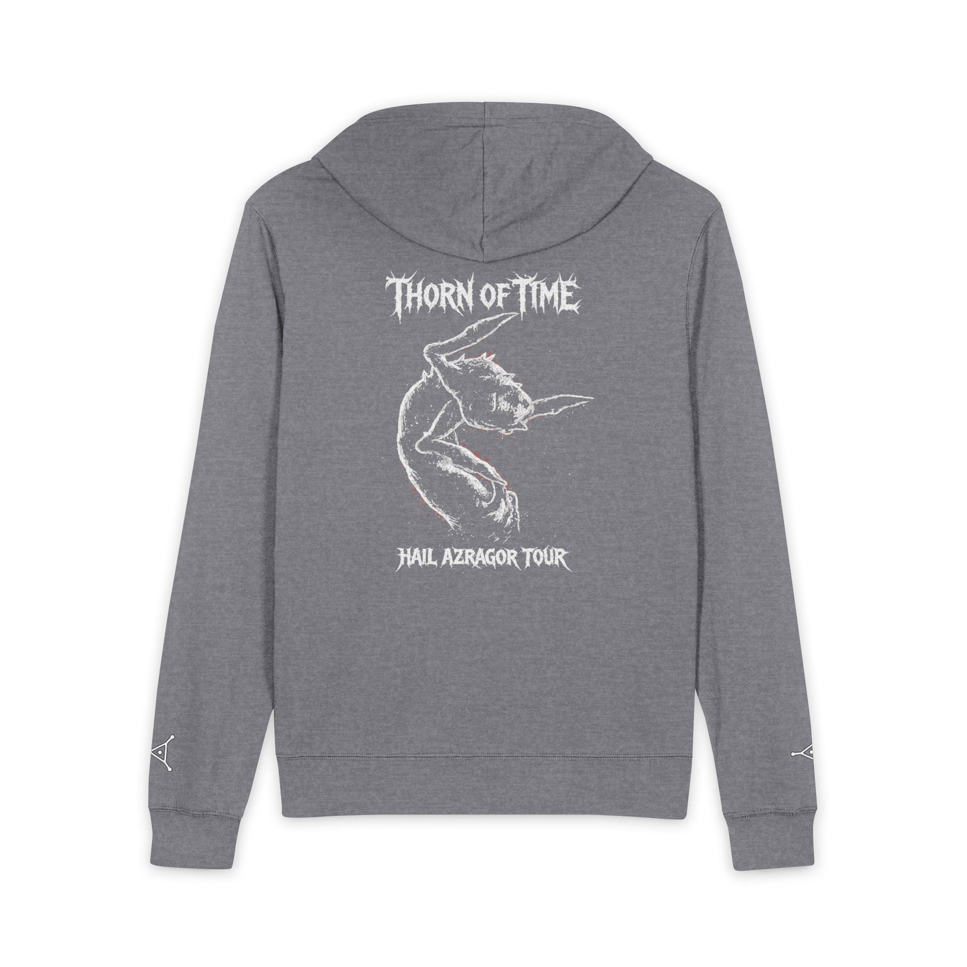 Gray hoodie with white graphic and text on the back against a white background