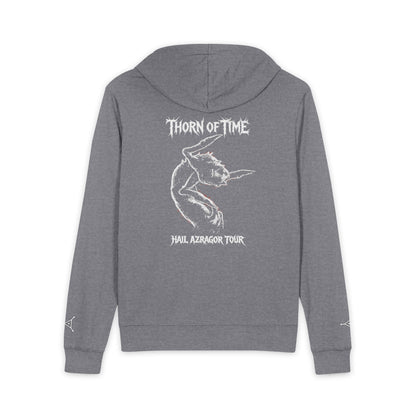 Gray hoodie with white graphic and text on the back against a white background